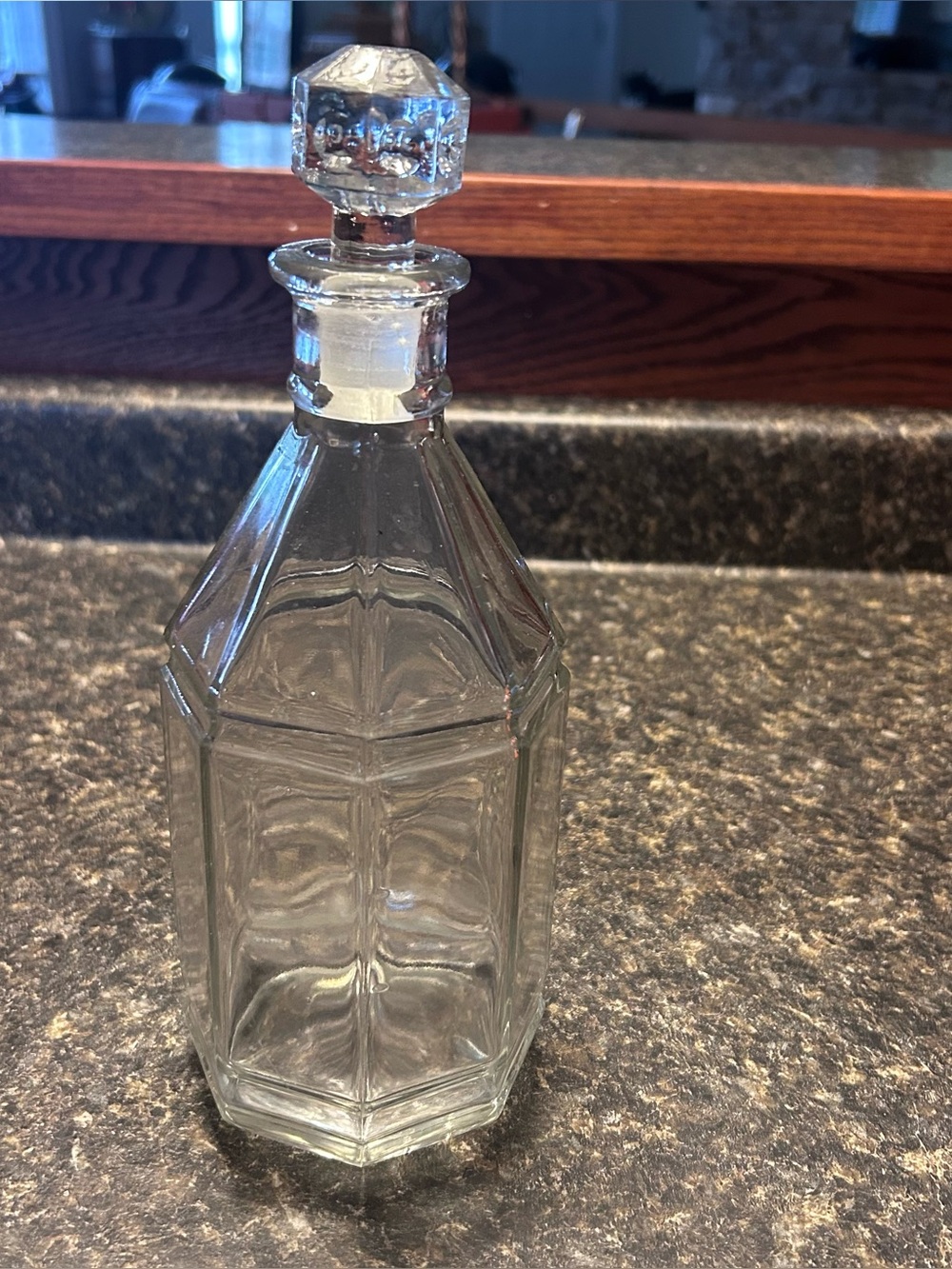Vintage Clear Glass Decanter With Faceted‎ Stopper Geometric Barware Bottle